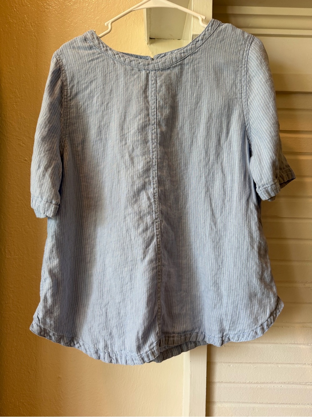 M&S Pure Linen Blue White Striped Short Sleeve Blouse Size 10
